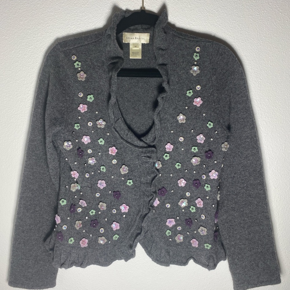 2006 Susan Bristol 100% lambswool grey cardigan size M